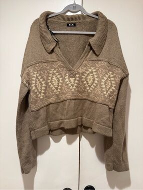 Miss Me Taupe V-Neck Collared Knit Sweater with Cream Pattern